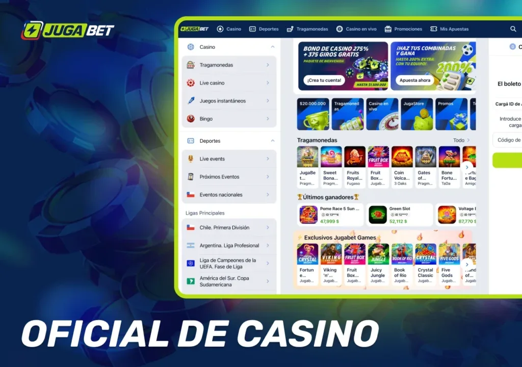 Plataforma de JugaBet en Chile con el campo de código promocional y el paquete de 275% más 375 giros gratis